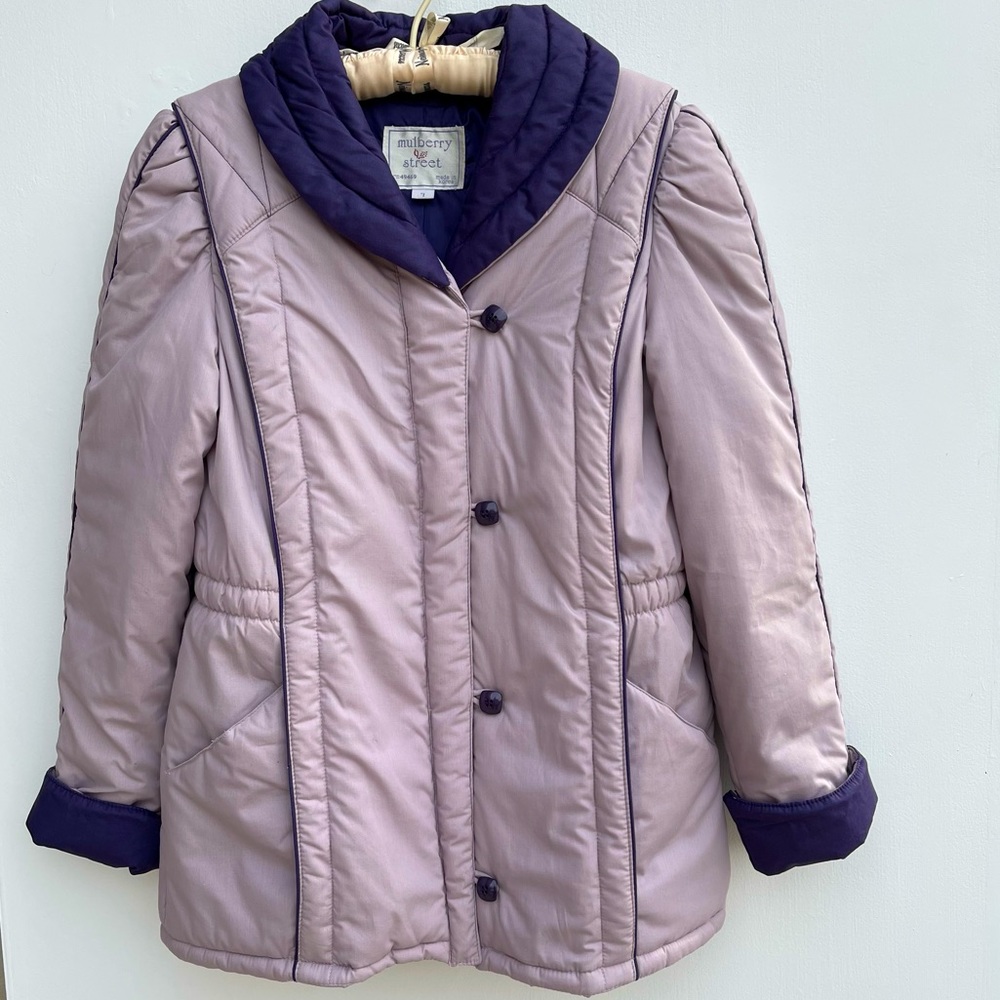 Vintage Purple Puffer Winter Coat Woman Size 7 Puff Sleeve Street Chunky Buttons